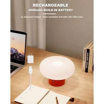 FANHAO Touch Bedside Table Lamp, Portable 4000mAh Cordless Rechargeable Mushroom Lamp for Bedroom Living Room Nightstand, 3-Color Dimmable, Modern Small Lamp Bedside Lamp for Home Decor & Gifts