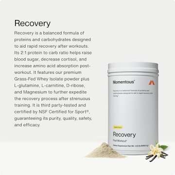 Momentous Recovery Grass-Fed Whey Protein Powder - 20g Post-Workout Whey Isolate Protein - NSF Certified, Gluten-Free, 15 Servings, Vanilla (Package May Vary)