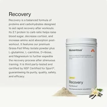 Momentous Recovery Grass-Fed Whey Protein Powder - 20g Post-Workout Whey Isolate Protein - NSF Certified, Gluten-Free, 15 Servings, Vanilla (Package May Vary)