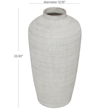 Deco 79 Ceramic Decorative Vase Textured Centerpiece Vase with Linear Pattern, Flower Vase for Home Decoration 12" x 12" x 23", Cream