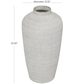 Deco 79 Ceramic Decorative Vase Textured Centerpiece Vase with Linear Pattern, Flower Vase for Home Decoration 12" x 12" x 23", Cream