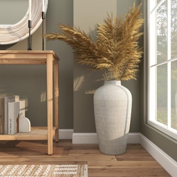 Deco 79 Ceramic Decorative Vase Textured Centerpiece Vase with Linear Pattern, Flower Vase for Home Decoration 12" x 12" x 23", Cream