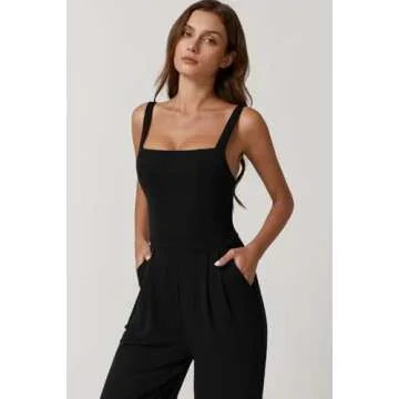 QINSEN Womens Casual Overalls Jumpsuit One Piece Sleeveless Wide Leg Long Pants Rompers with Pockets Black M
