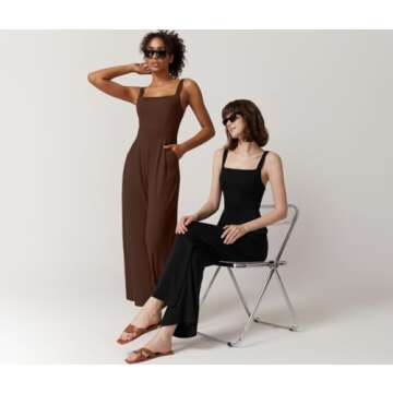 QINSEN Womens Casual Overalls Jumpsuit One Piece Sleeveless Wide Leg Long Pants Rompers with Pockets Black M