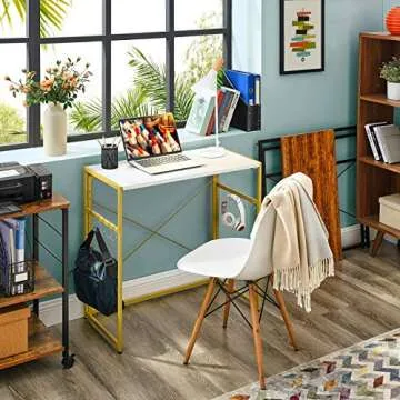 Mr IRONSTONE 31.5” Folding Computer Desk, Small Writing Desk Easy Assembly with 10 Hooks, Foldable Metal Frame, Writing Workstation Laptop Table for Home Office (Laminate Marble)