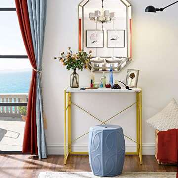 Mr IRONSTONE 31.5” Folding Computer Desk, Small Writing Desk Easy Assembly with 10 Hooks, Foldable Metal Frame, Writing Workstation Laptop Table for Home Office (Laminate Marble)