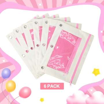 Kosiz 6 Pcs Pencil Pouch, 3 Ring Binder Pencil Pouch, 2 Layer Zipper Pencil Case with Mesh Window, Wear Resistant Oxford Fabric, Multicolored for Student Teacher (Beige and Pink)