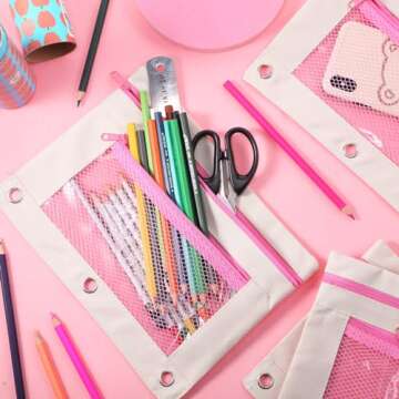 Kosiz 6 Pcs Pencil Pouch, 3 Ring Binder Pencil Pouch, 2 Layer Zipper Pencil Case with Mesh Window, Wear Resistant Oxford Fabric, Multicolored for Student Teacher (Beige and Pink)