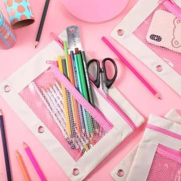 Kosiz 6 Pcs Pencil Pouch, 3 Ring Binder Pencil Pouch, 2 Layer Zipper Pencil Case with Mesh Window, Wear Resistant Oxford Fabric, Multicolored for Student Teacher (Beige and Pink)