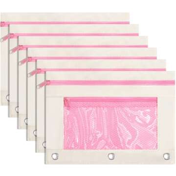 Kosiz 6 Pcs Pencil Pouch, 3 Ring Binder Pencil Pouch, 2 Layer Zipper Pencil Case with Mesh Window, Wear Resistant Oxford Fabric, Multicolored for Student Teacher (Beige and Pink)