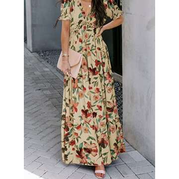 BLENCOT Women's Casual Boho Floral Printed Deep V Neck Loose Short Sleeve Long Evening Dress Ruched Cocktail Party Maxi Wedding Dress Apricot Large