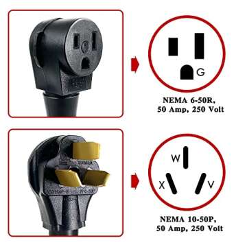 NEMA 10-50P to Welder 6-50R Welding Adapter Cord 50A 250V，6 AWG*3C