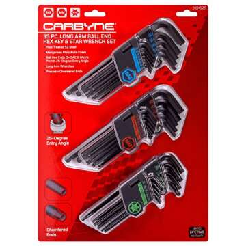 Carbyne 35-Piece Long Arm Ball End Hex (Allen) Key Wrench Set, Inch (Standard)/ Metric/Torx. Includes Metric Hex 1.27mm-10mm, SAE Hex 0.05"-3/8", Torx T10-T50. Heat Treated S2 Steel