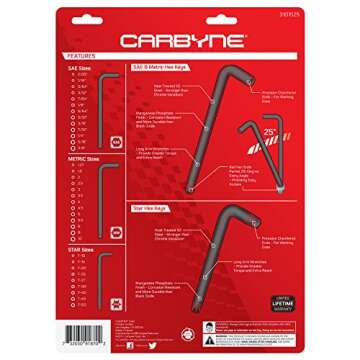 Carbyne 35-Piece Long Arm Ball End Hex (Allen) Key Wrench Set, Inch (Standard)/ Metric/Torx. Includes Metric Hex 1.27mm-10mm, SAE Hex 0.05"-3/8", Torx T10-T50. Heat Treated S2 Steel