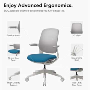 SIDIZ T25 Petite Ergonomic Office Chair : Home Office Desk Chair for Petite Women (4' 9" or Over), Adjustable Seat Height, Weight-Activated Auto Fit Tilt, Gaming Chair (White Mesh, Bright Blue Seat)
