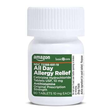 Amazon Basic Care All Day Allergy, Cetirizine Hydrochloride Tablets, 10 mg, Antihistamine, 90 Count (Packaging may vary)