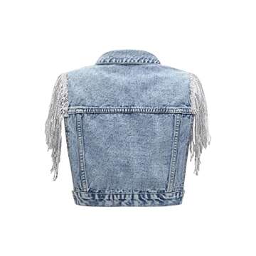 SweatyRocks Women's Fringe Button Down Crop Denim Jacket Sleeveless Collared Jean Coats Light Wash M