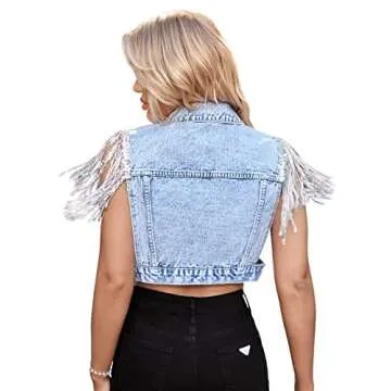 SweatyRocks Women's Fringe Button Down Crop Denim Jacket Sleeveless Collared Jean Coats Light Wash M