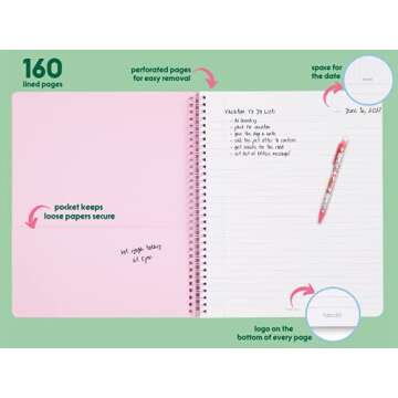 ban.do Rough Draft Large Spiral Notebook, 11" x 9" with Pockets and 160 College Rules Pages, I am very busy (pink/holographic)