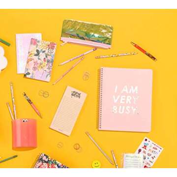 ban.do Rough Draft Large Spiral Notebook, 11" x 9" with Pockets and 160 College Rules Pages, I am very busy (pink/holographic)