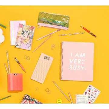 ban.do Rough Draft Large Spiral Notebook, 11" x 9" with Pockets and 160 College Rules Pages, I am very busy (pink/holographic)