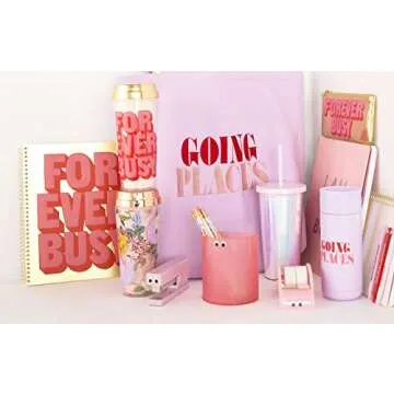 ban.do Rough Draft Large Spiral Notebook, 11" x 9" with Pockets and 160 College Rules Pages, I am very busy (pink/holographic)