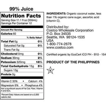 Kirkland Signature Organic Coconut Water Beverage Cartons: 12-Count (11.1 fl oz.)