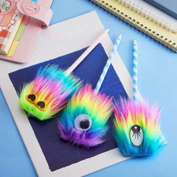 32 Pieces Rainbow Fluffy Monster Pens Cute Fun Pen for Monster Party Favors School Office Birthday C...