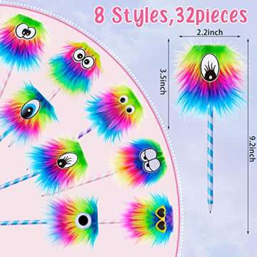 32 Pieces Rainbow Fluffy Monster Pens Cute Fun Pen for Monster Party Favors School Office Birthday Carnival Party Favor Supply