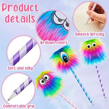 32 Pieces Rainbow Fluffy Monster Pens Cute Fun Pen for Monster Party Favors School Office Birthday Carnival Party Favor Supply