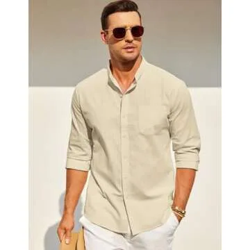 COOFANDY Men's Cotton Linen Shirt Long Sleeve Beach Band Shirts Casual Summer Lightweight Top (Cream...