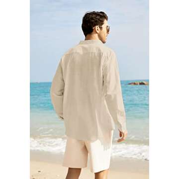 COOFANDY Men's Cotton Linen Shirt Long Sleeve Beach Band Shirts Casual Summer Lightweight Top (Cream L)