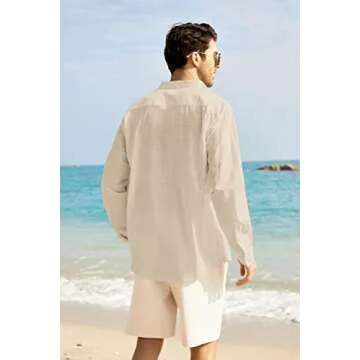 COOFANDY Men's Cotton Linen Shirt Long Sleeve Beach Band Shirts Casual Summer Lightweight Top (Cream L)