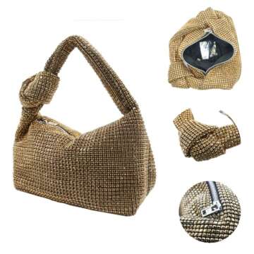 UMREN Bling Full Glitter Knotted Handbag for Women Crystal Rhinestone Hobo Dumpling Bag Diamond Evening Clutch Crossbody Purse Gold-A