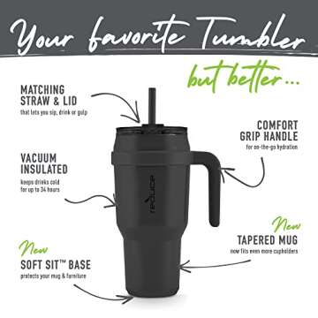 REDUCE 40 oz Stainless Steel Tumbler with Handle - Dual-Wall Vacuum Insulated Travel Mug, Sweat-Proof Lid & Reusable Straw - Keeps Drinks Cold for 24 Hrs, Fits Cupholders, Dishwasher Safe - Phantom