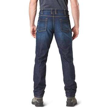 5.11 Tactical Mens Defender-Flex Slim Fit Jeans, Bar Tack Construction, Utility Pockets, Dark Wash Indigo, 34x30, Style 74465