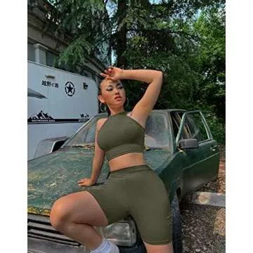 GOBLES Women's Sleeveless Crop Top & Shorts Set in Olive