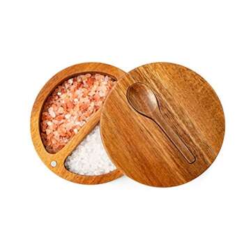 DecoVibe Acacia Salt Box Divided with Magnetic Swivel - 2-Compartment Wooden Spice Cellar - Elegant Wood Storage Keeper for Condiments, Seasoning, Pepper - Attached Spoon on Lid Cover - 3.9x3.9x2.5"