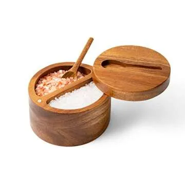 DecoVibe Acacia Salt Box Divided with Magnetic Swivel - 2-Compartment Wooden Spice Cellar - Elegant Wood Storage Keeper for Condiments, Seasoning, Pepper - Attached Spoon on Lid Cover - 3.9x3.9x2.5"