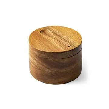 DecoVibe Acacia Salt Box Divided with Magnetic Swivel - 2-Compartment Wooden Spice Cellar - Elegant Wood Storage Keeper for Condiments, Seasoning, Pepper - Attached Spoon on Lid Cover - 3.9x3.9x2.5"