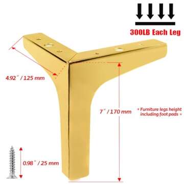 Seimneire 4pcs 7 Inch Furniture Legs, Modern Style Furniture Sofa Legs Metal Luxury Gold Triangle Feet for Table Cupboard Sofa Couch Chair