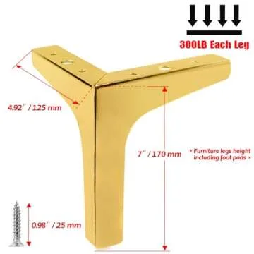 Seimneire 4pcs 7 Inch Furniture Legs, Modern Style Furniture Sofa Legs Metal Luxury Gold Triangle Feet for Table Cupboard Sofa Couch Chair