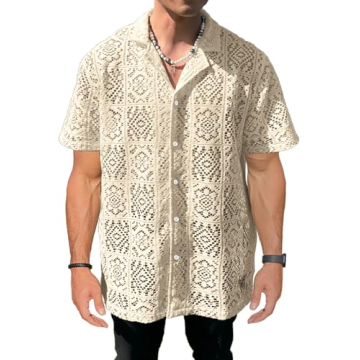 Mens Lace Sheer Button Down Shirt Floral Meshed Short Sleeves Knit Shirts Tee Top Openwork Beach Cas...