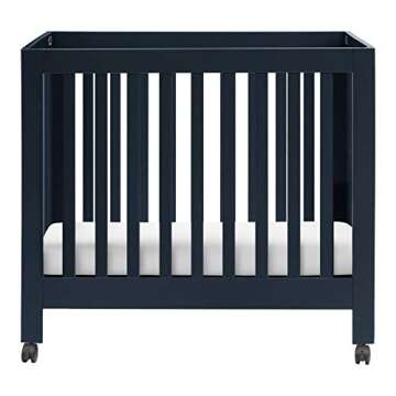 Babyletto Origami Mini Portable Folding Crib with Wheels in Navy, 2 Adjustable Mattress Positions, Greenguard Gold Certified