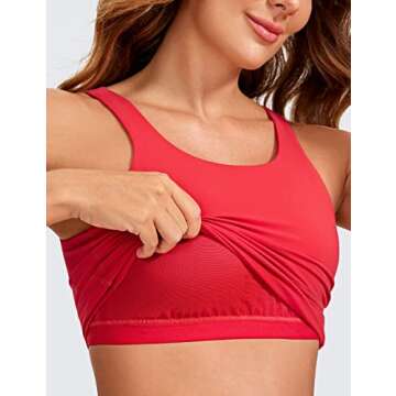 CRZ YOGA High Neck Longline Sports Bra for Women - V-Back Cropped Tank Tops Wireless Padded Workout Yoga Bras Crimson Medium