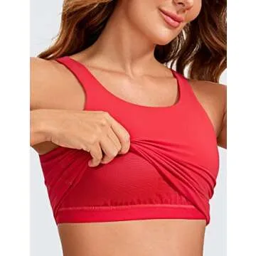 CRZ YOGA High Neck Longline Sports Bra for Women - V-Back Cropped Tank Tops Wireless Padded Workout Yoga Bras Crimson Medium