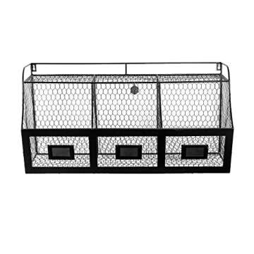 MyGift Country Rustic Metal Wire Produce and Fruit Basket Storage Bin with 3 Compartments and Chalkboard Label Holder, Wall Mounted Kitchen Pantry Organizer