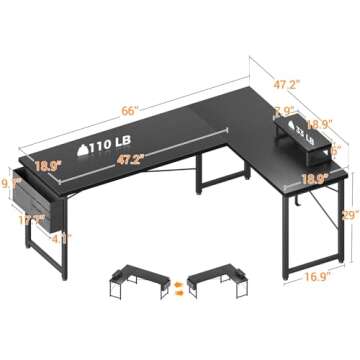 ODK L Shaped 66" Corner Desk, Computer Gaming Home Office Writing Desk with Monitor Shelf, Space-Saving Workstation Modern Simple Wooden Desk, Easy to Assemble, Black