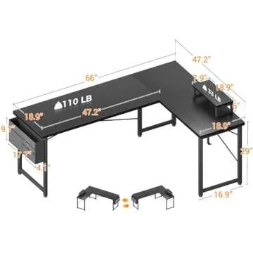 ODK L Shaped 66" Corner Desk, Computer Gaming Home Office Writing Desk with Monitor Shelf, Space-Saving Workstation Modern Simple Wooden Desk, Easy to Assemble, Black