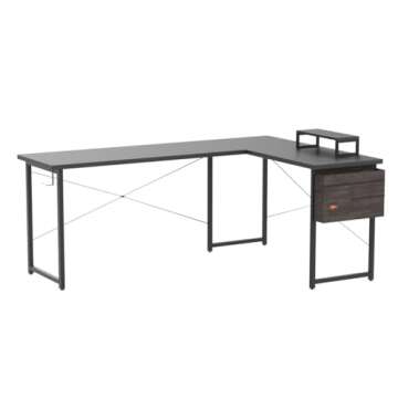 ODK L Shaped 66" Corner Desk, Computer Gaming Home Office Writing Desk with Monitor Shelf, Space-Saving Workstation Modern Simple Wooden Desk, Easy to Assemble, Black